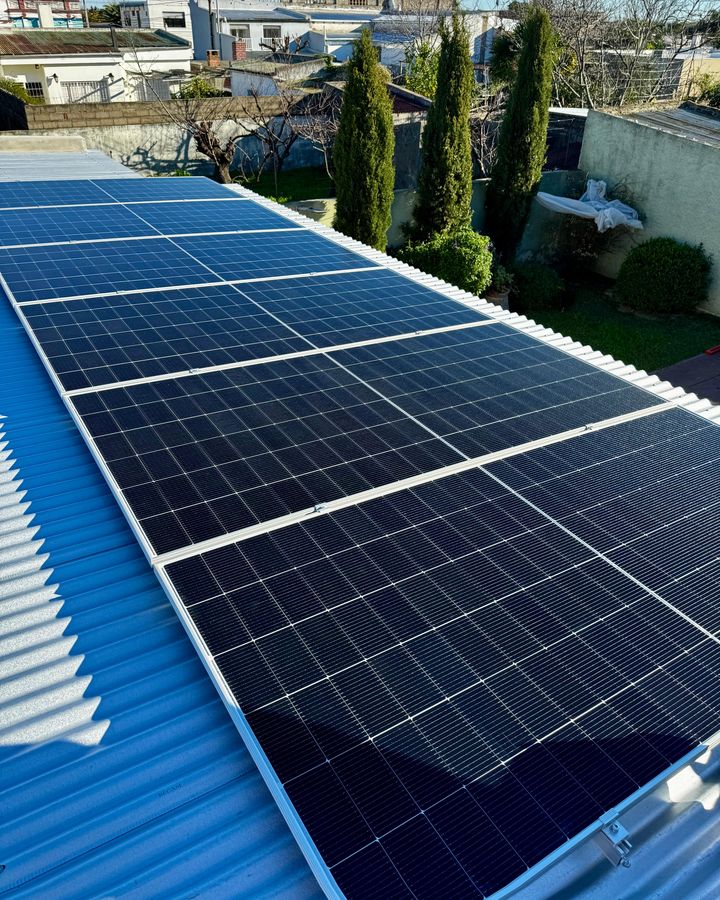 Paneles solares sobre el techo de chapa de una casa, con un jardín al costado